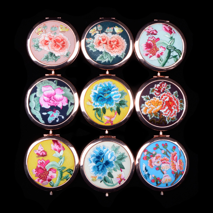 南沙群岛化妆随身镜精品出国送礼刺绣中国风古风摄影 手绣镜子